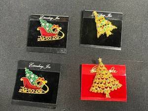 Gold-Tone Crown Brooches with Multicolor Rhinestones - Festive Jewelry Set