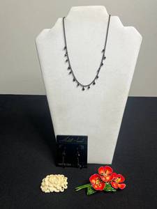 Haskell Jewels Black-Tone Necklace with Dangling Charms - Includes Matching Earrings, Original by Robert Floral Pin & Ivory Floral Brooch