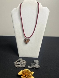 Gold Heart Pendant Necklace on Red Velvet Cord w Giovanni Rose Brooch & Two Silver Tone Figure Pins