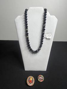 Black Glass Bead Necklace With Sterling Clasp & Mosaic Enamel Accent Pins
