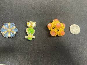 Coro Blue Crystal Flower Brooch, Gold-Tone Owl Pin w Twirling Head & Jeanne Coral Color Glass Brooch