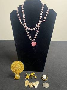 Pink Two Strand Glass Bead Heart Pendant Necklace, Hobe, Pastelli, Cameo & Signed Brooches