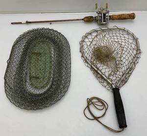 Misc. Vintage Fishing Items Including Live Basket, Small landing Net And More