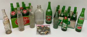 Group Of Vintage Soda Bottles Including 7Up, Mountain Dew, Tab, Coca-Cola And More
