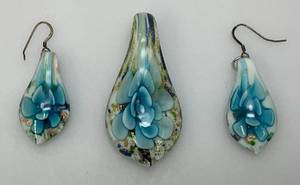 Murano Style Hand Blown Glass Flower Pendamt And Earrings