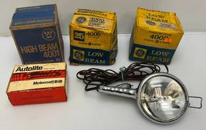 Vintage Headlamps including GE 4000, 4001 And 4002 (New Old Stock), Old Used Spark Plugs Motorcraft  And more