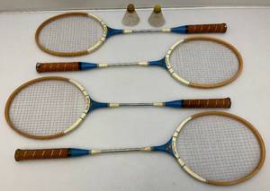 1960s Badminton Racquets Set of Four With Birdies in Original Styrofoam