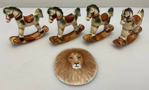 Misc. Miniature Hand-Painted Pocelain Rocking Horses Made In The Philippines 3 14 x 3 14 And Hand Painted Porcelain Lion Plaque 3 x 3 34
