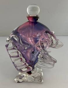 EST. $225.00-$350.00 Very RARE Gail D. Gill Signed High Relief Decoration Hand Blown Glass Perfume Bottle 5 x 5 x 6
