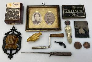 Misc. Antique And Vintage Items Including Cast Iron Match Safe, Tintype And more