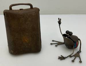 Miniature Metal Frog Scuplture 3 And Cow Bell 5