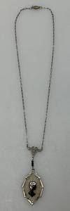 Antique STERLING SILVER 7.23 overall Grams Victorian Era Black Enamel Silhouette Necklace With Starburst Design