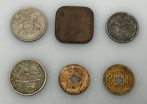 Vintage Collectible Foreign Coins And Medallions Including 1920s Square Bronze Straits Settlements 1 Cent And more