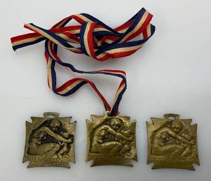Misc. WWI French Orphelinat Des Armees Brass Metals By Lalique 1 14 x 1 14 (One With Ribbon)
