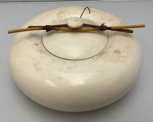 Vintage Hand Signed Oriental Style Pottery Dish With Lid And Bamboo Handle Accents 5 x 9 12