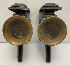 Pair Of RARE Antique Early 1900s Carriage Oil Lanterns With Beveled Glass And Red Dot (One Has Broken Side Glass) 5 x 6 12 x 14