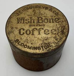 Vintage J.F. Humphreys & Co. Wish Bone Brand Coffee  Bloomington Ills. Coffee Tin With Lid 4 x 5 38