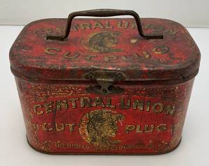 Vintage Central Union Cut Plug Tobacco Lunch Pail Style Tin 4 14 x 4 12 x 7