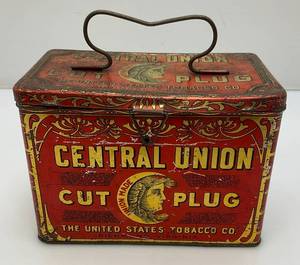 Vintage Central Union Cut Plug Tobacco Lunch Pail Style Tin 4 12 x 5 14 x 7 12