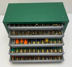Vintage Ammo Collection In Metal 5 Drawer Chest