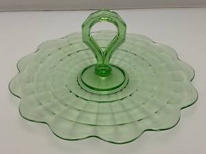 Vintage Anchor Hocking Block Green Depression Glass Center handle Serving Sandwich Plate 11 (Lightly Glows Under UV light)