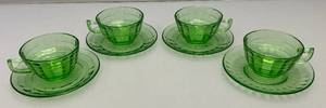 Vintage Set Of Four  Anchor Hocking Block Optic Pattern Green Depression Uranium Glass Cups And Saucers  (Glows Lightly Under UV light)