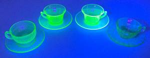 Vintage Set Of Four Misc. Patterns Green Depression Uranium Glass Cups And Saucers  (Glows Under UV light)