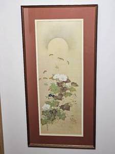 Moon and Autumn Plants  Framed Print of Sakai Hoitsu Ink on Silk