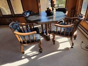 Slate Top Game Table with Four Rolling Armchairs