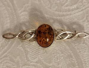 Sterling Silver Amber Cabochon Brooch Pin