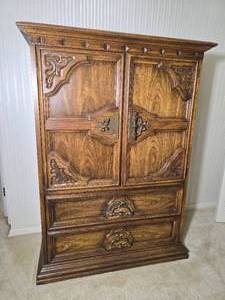 Vintage Mediterranean Style Carved Wood Cabinet with Double Doors and Drawers