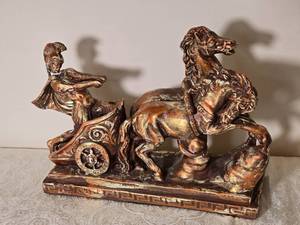 Classical Roman Chariot Horse Sculpture with Figural Driver Metallic Finish, as