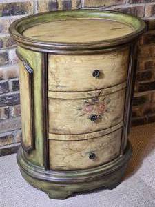 Hand Painted Distressed Round Accent Chest with Three Drawers Floral Motif