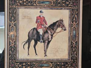Framed Equestrian Print Rider on Horse with Ornate Gold Frame