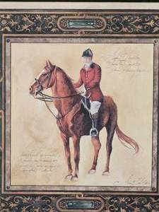 Framed Equestrian Print Chestnut Horse with Rider Gold Tone Frame