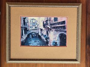 Framed Venetian Canal Scene Print with Textured Mat and Ornate Frame A