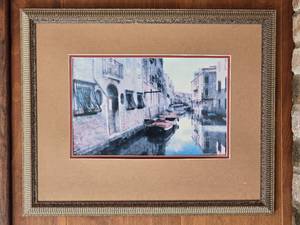 Framed Venetian Canal Street Scene with Gondola and Bridge View D
