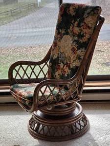 Rattan High Back Swivel Lounge Chair with Floral Upholstery