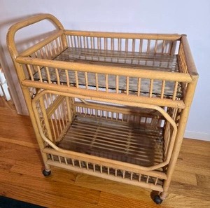 Vintage Rattan Bar Cart with Glass Shelves on Casters
