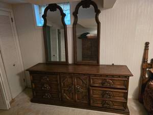 Long Rustic Spanish Style Vanity with Carved Doors and Drawer Storage