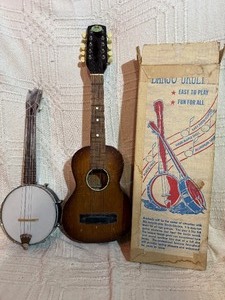 Vintage Folk String Instrument Lot   Regal Tenor Guitar  Banjo Ukulele (with box  book)