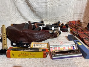 Vintage Musical Instrument Lot  Bagpipes Set, Hohner Harmonicas, Yamaha Harmonica, Tonette
