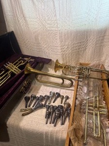 Vintage Brass Instrument Lot  Boy Scouts Bugle, Trumpet & Large Mouthpiece Collection  Vincent Bach, Schilke  More