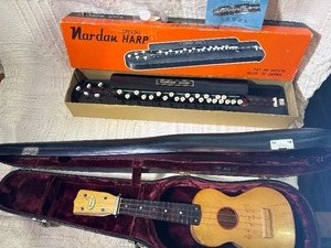 Vintage Folk Instrument Lot  Harmony Ukulele w Case & Nardan Harp w Box  Unique Pair