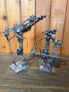 Signed DFE Welded Scrap Metal Musician Sculptures  Violin & Guitar Players  Industrial Art Pair