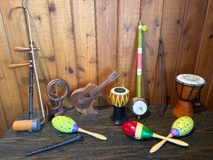 World Music Instrument Lot  Drums, Maracas, Banjo, Erhu, Guitar Decor & More  Folk  Percussion Mix
