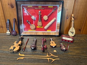 Framed Asian Miniature Instrument Display  Vintage Mini String Instruments  Violin, Lute, Guitar Set