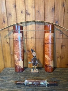 Carved Asian Wood Decor Set  Bow Wall Art, Mt. Fuji Vases, Figurine & Knife Display
