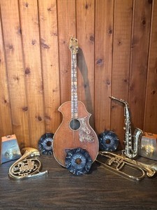 Vintage Music Display Lot  Brass Horns, Sax, Seth Thomas Metronomes, DECCA Records & Acoustic Guitar