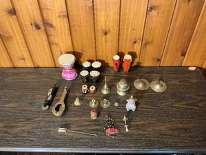 Miniature Musical Instrument & Brass Decor Lot  Drums, Bells, Cymbals, Folk Pieces
